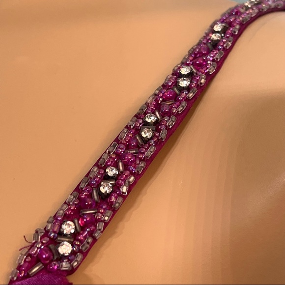 Elegant, hand beaded, satin, plunging, magenta formal ball gown with tags, 12 - Picture 7 of 11